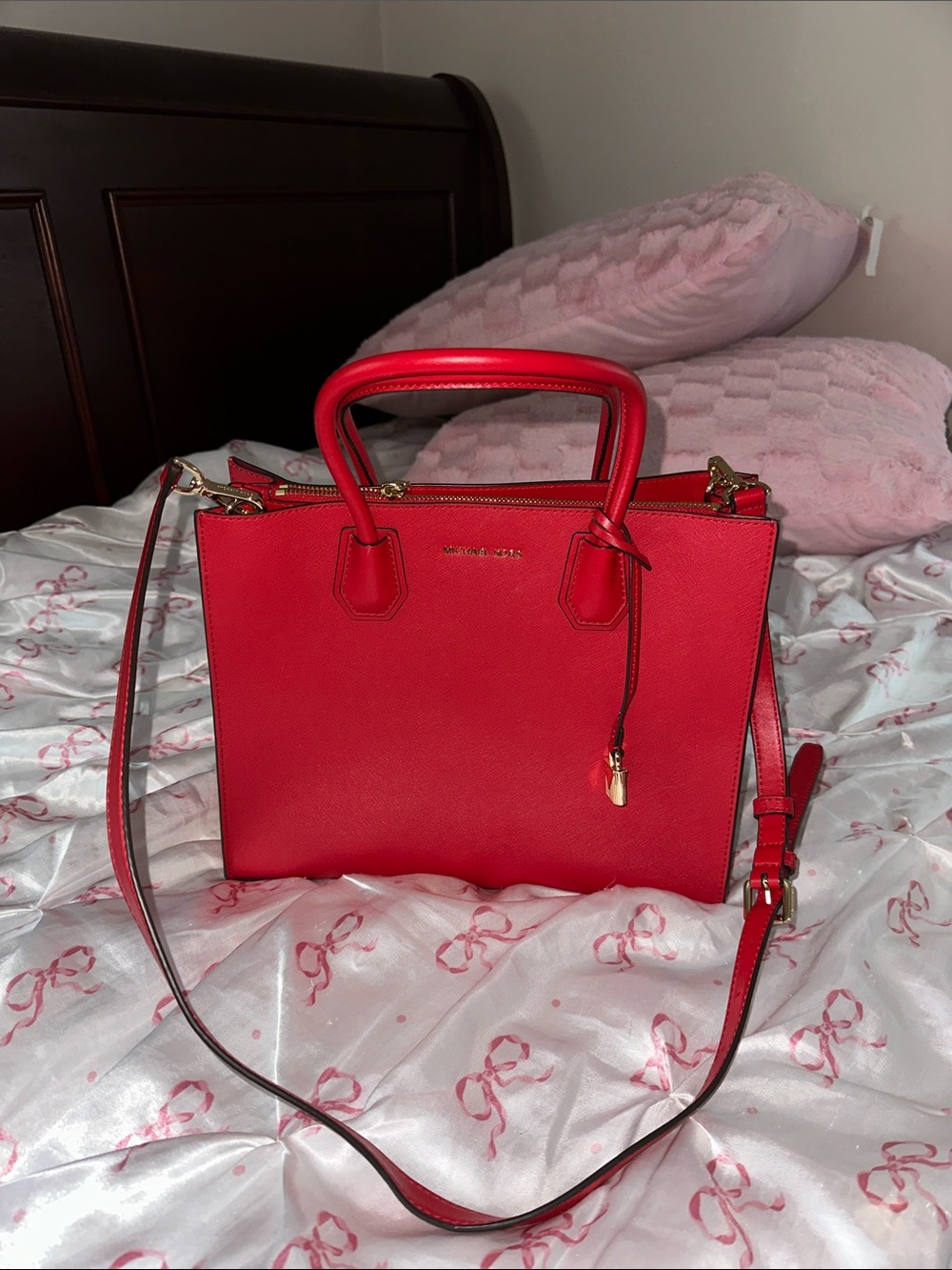 Michael Kors Red Leather Satchel with Gold Hardware